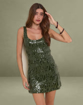 Lalaurie Scoop Neck Mini Dress in Mixed Drape Sequin Khaki