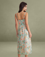 Green Floral Sweetheart Neck Slip Midi Dress