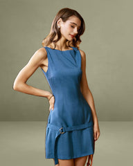 Blue Boat Neck Belted Mini Dress