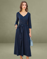 Navy Ruched Tie Waist Maxi Dress