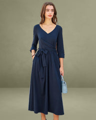 Navy Ruched Tie Waist Maxi Dress