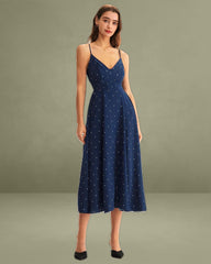 Navy Polka Dot Shirred Slip Midi Dress