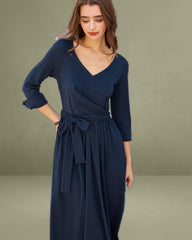 Navy Ruched Tie Waist Maxi Dress