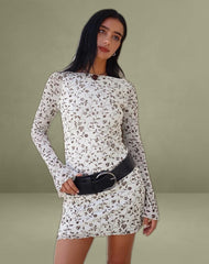 Sevila Long Sleeve Mini Dress in Stem Flower Flock Brown
