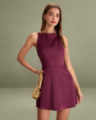 Purple Boat Neck Sleeveless Mini Dress