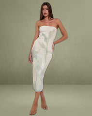 Rosbandi Bandeau Midi Dress in Abstract Painted Flower Blue