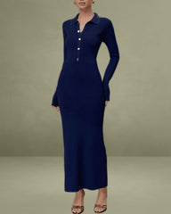 Blue A-Line Button Sweater Dress