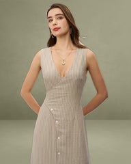 Khaki Striped V-Neck Sleeveless Maxi Dress