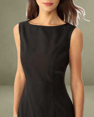 Black Boat Neck Slit Sleeveless Midi Dress