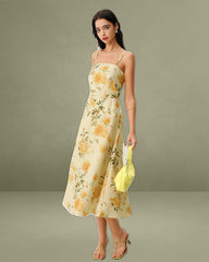 Yellow Floral Shirred Slip Midi Vacation Dress