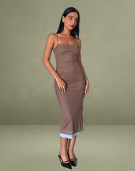 Bisilk Midi Dress in Mesh Brown with Light Blue