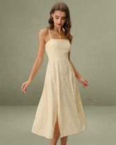 Yellow Floral Backless Slip Midi Dress