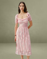 Pink Square Neck Puffed Sleeve Midi Dress