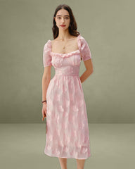 Pink Square Neck Puffed Sleeve Midi Dress