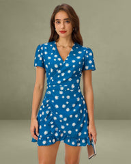 Blue Floral A-Line Wrap Mini Dress