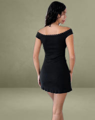 Chana Off Shoulder Mini Dress in Black Rib with Lace Trim