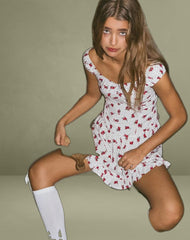 Aca Bardot Mini Dress in White Rose Polka