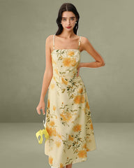 Yellow Floral Shirred Slip Midi Vacation Dress