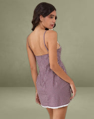 Delphine Mini Cami Dress in Mini Gingham Wine with White Lace