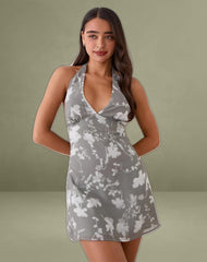 Liri Halterneck Mini Dress in Blurred Floral Grey