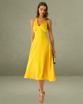 Yellow Satin A-Line Halter Midi Dress