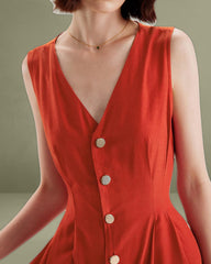 Red V-neck Button Sleeveless Midi Dress