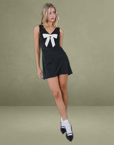 Faradiba Mini Dress in Satin Black with Ivory Bow