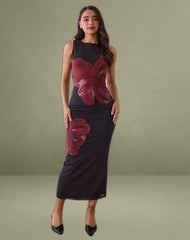 Fayola Maxi Dress In Black with Burgundy Watercolour Flower