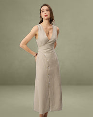 Khaki Striped V-Neck Sleeveless Maxi Dress