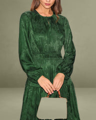 Green Jacquard Lantern Sleeve Midi Dress