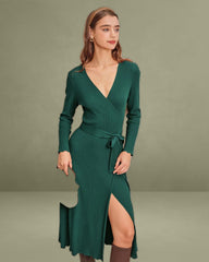 Green A-line Wrap Sweater Dress
