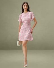 Pink Floral Round Neck Pleated Mini Dress