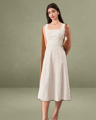 White Square Neck Striped Mid-length Dress
