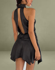 Hydri Satin Halterneck Mini Dress in Black