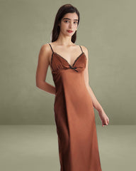 Brown Chiffon V Neck Slip Maxi Dress