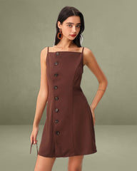 Brown Button Pleated Slip Mini Dress