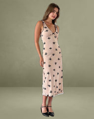 Gandira Midi Dress in Cluster Ditsy Floral Flock Nude