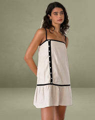 Berin Mini Tea Dress in Linen Ecru with Black Binding