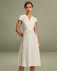 Beige Lapel Cap Sleeve Shirt-Style Midi Dress