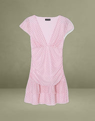 Mowgli Cap Sleeve Mini Dress in Baby Pink with Micro Polka Black