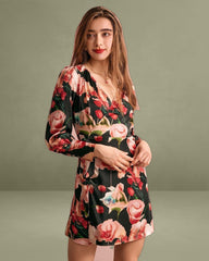 The V Neck Long Sleeve Floral Wrap Mini Dress