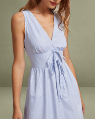 The Blue V Neck Shirred Striped Maxi Dress