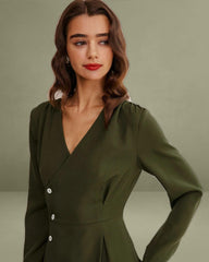 Green Ruched Button A-Line Maxi Dress