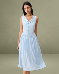 Blue V Neck Button Sleeveless Midi Dress