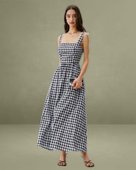 Black Plaid Square Neck Pocket Slip Maxi Dress