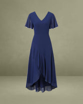 Navy V Neck A-Line Ruffle Maxi Dress