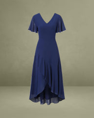 Navy V Neck A-Line Ruffle Maxi Dress