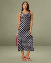 Blue Plaid V Neck Slip Maxi Dress