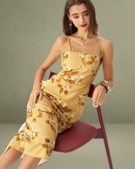 Yellow Floral Shirred Retro Midi Slip Dress