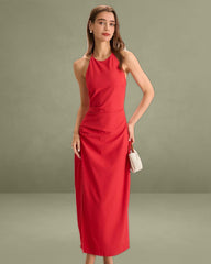 Women's Red Shirred Halter Maxi Dress